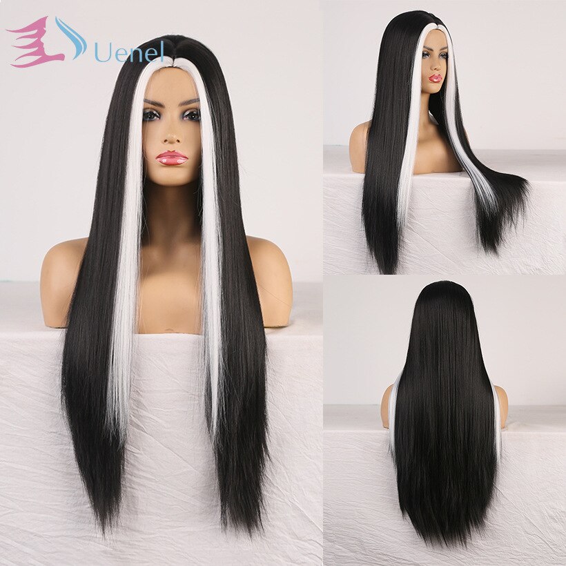 European and American Women&s Wigs Middle Part Black and White Long Straight Wigs Synthetic Hair High Temperature